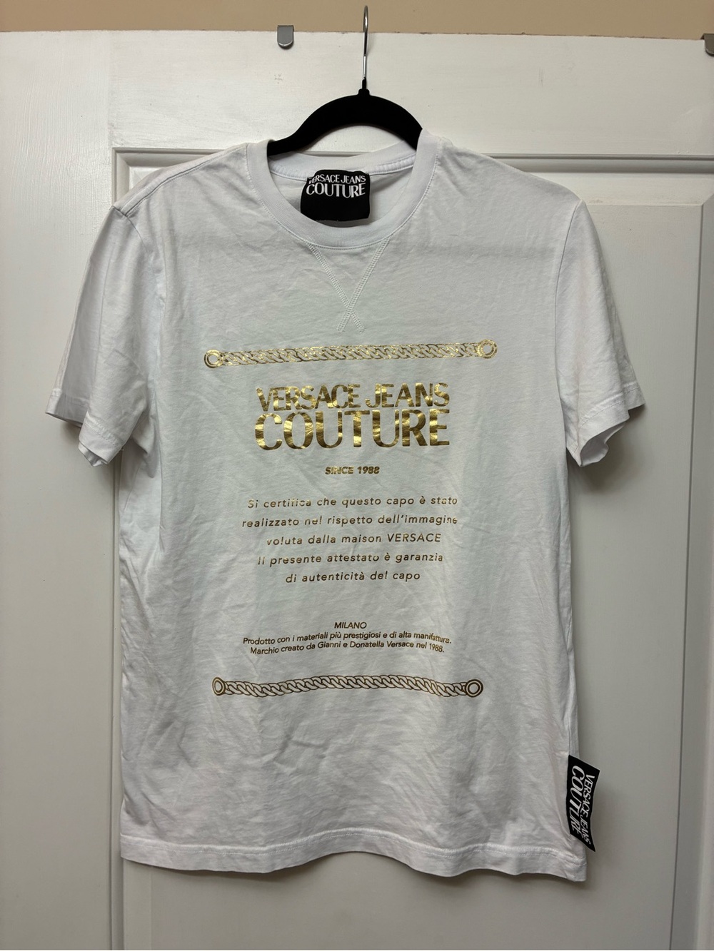 Versace White Short Sleeve Tee with Gold Metallic Logo Print